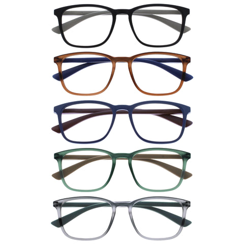 OPULIZE Max Reading Glasses 5 Pack - Classic Large Rectangular Frame - Matt Black Brown Blue Green Grey - Men's Women's - Spring Hinges - RRRRR78-12367 - +1.50