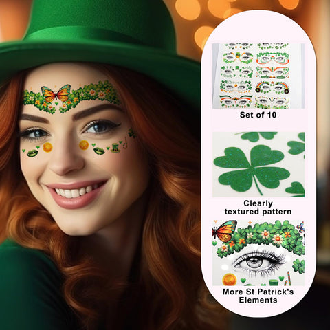 St. Patrick's Day Face Sticker Shamrock Face Temporary Tattoos Sticker Green Clove Face Body Tattoos Party Makeup Self Adhesive Holiday Festival Party Supplies 10pcs