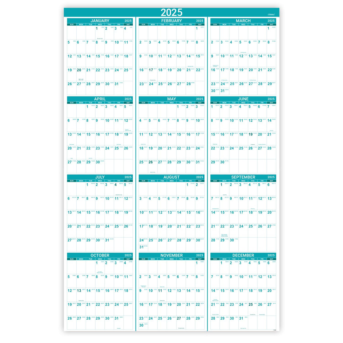 2025 Yearly Wall Calendar - 2025 Wall Calendar, Yearly Wall Calendar 2025 with Julian Date, From Jan. 2025 to Dec. 2025, Thick Paper, Vertical - Green