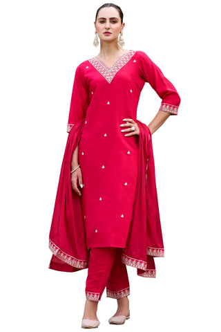 VredeVogel Women's Silk Blend Kurta Pant Set with Chanderi Dupatta (Pink_Large)