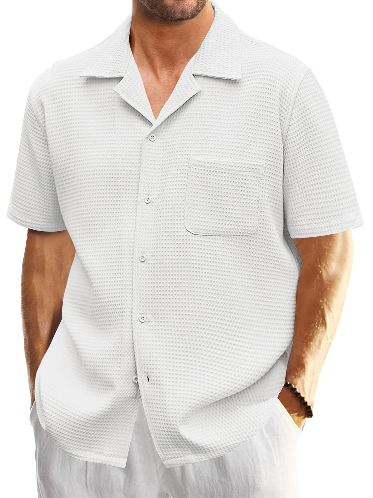 Mens Waffle Button Down Shirt Short Sleeve Loose Fit Cuban Summer Beach Plain Tops White