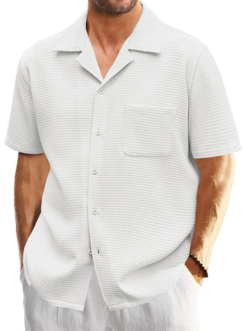Mens Waffle Button Down Shirt Short Sleeve Loose Fit Cuban Summer Beach Plain Tops White