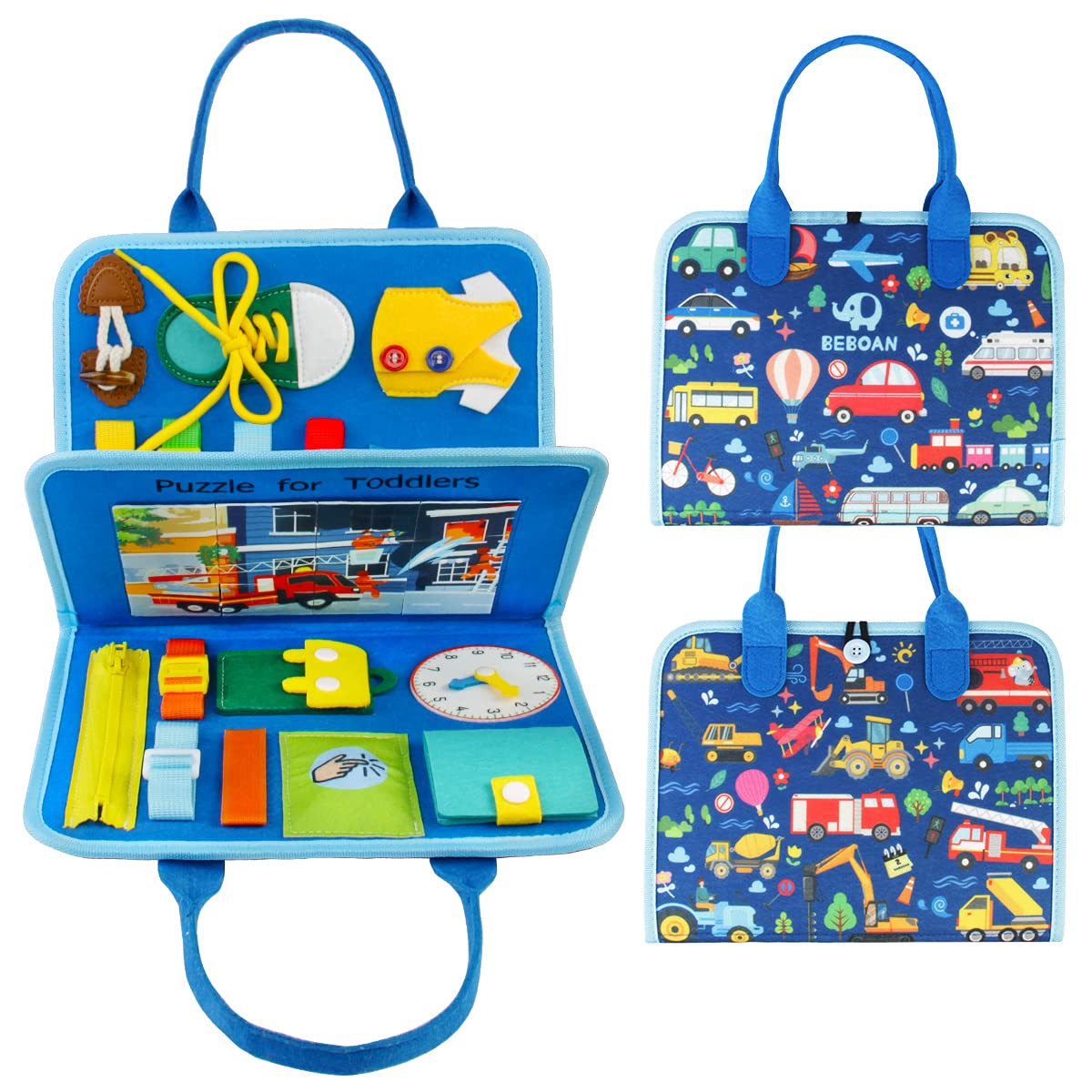 BEBOAN Busy Board for Toddlers, Sensory Activity Board for 1 2 3 4Year Old, Montessori Car Theme Baby Early Travel Educational Toys, Preschool Educational Learning Gifts Felt Busy Book(Blue)
