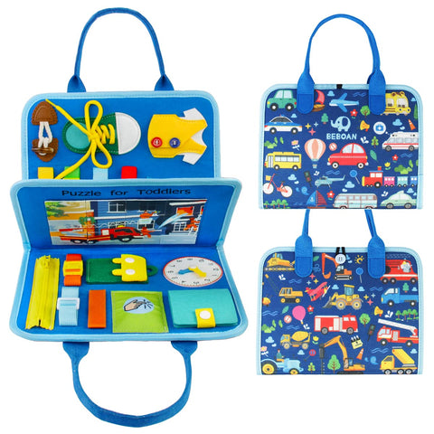 BEBOAN Busy Board for Toddlers, Sensory Activity Board for 1 2 3 4Year Old, Montessori Car Theme Baby Early Travel Educational Toys, Preschool Educational Learning Gifts Felt Busy Book(Blue)