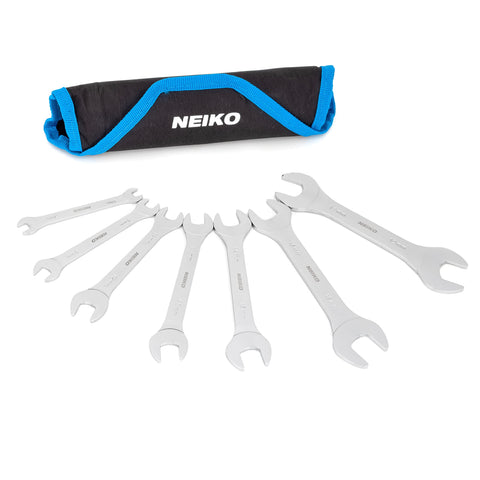 Neiko 03581A Super Thin Wrench Set Metric, 3-4mm Thick, 7 Piece Small Double Open End Slim Wrench Set, Metric Spanner Wrench Set, 14 Sizes from 6mm to 19mm, Angle Open Ended Skinny Wrench