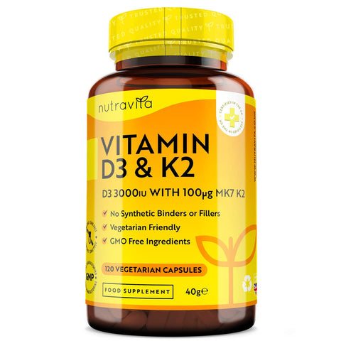 Vitamin D3 3000iu & K2 100ug (MK7) - 120 Vitamin D3 K2 Vegetarian Capsules - Supports Normal Bones, Muscles, Teeth and Immune System - Cholecalciferol & Menaquinone-7 - Made by Nutravita
