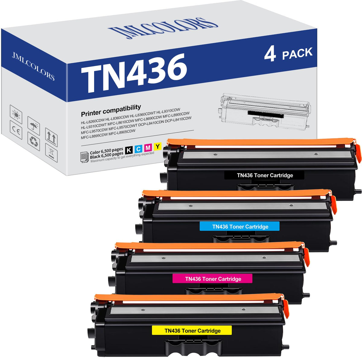 TN436 Toner Cartridges 4-Pack Compatible Replacement for Brother TN 436 TN431 TN433 Toner Cartridge Set (TN436BK, TN436C, TN436M, TN436Y) for MFC-L8900CDW HL-L8360CDW Toner Cartridges