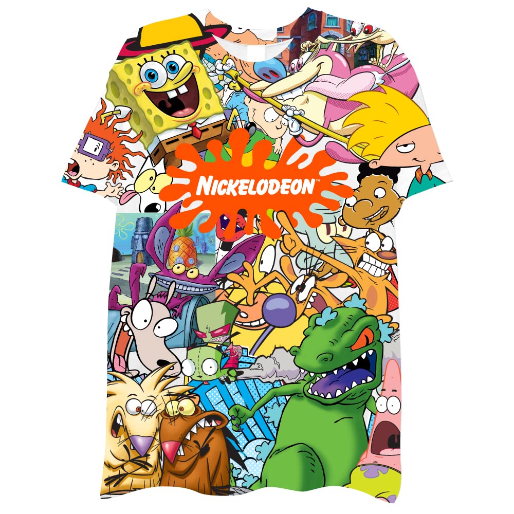 Nickelodeon Mens 90s Cartoon Shirt - Rugrats Hey Arnold Ren & Stimpy Rocko's Modern Life Sublimated Allover Print T-Shirt (White, Medium)