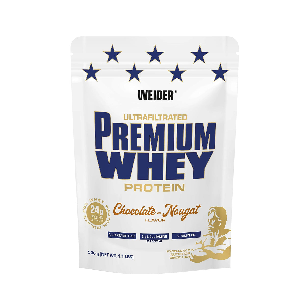 Weider Premium Whey (500g) Chocolate-Nougat Flavour. Ultrafiltrated Proteins from Whey Protein Concentrate and 20 percent Isolate, 24g Protein + 2g L-Glutamine/serving, with Vitamin B6, Aspartme Free