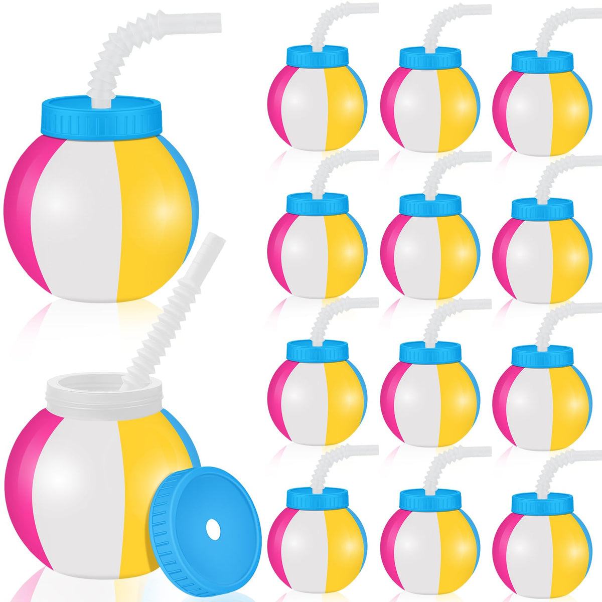 Nuanchu 12 Pcs 14 oz Summer Beach Ball Cups with Straws and Lids Plastic Ball Sipper Cups Reusable Party Cups Bulk Beach Ball Summer Theme Party Favor for Kids Birthday Sports Theme Party Supplies