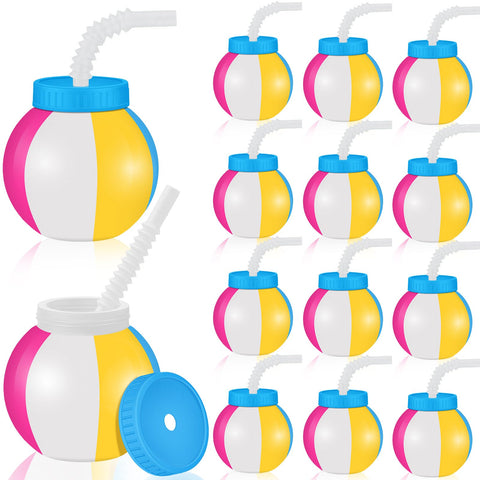 Nuanchu 12 Pcs 14 oz Summer Beach Ball Cups with Straws and Lids Plastic Ball Sipper Cups Reusable Party Cups Bulk Beach Ball Summer Theme Party Favor for Kids Birthday Sports Theme Party Supplies