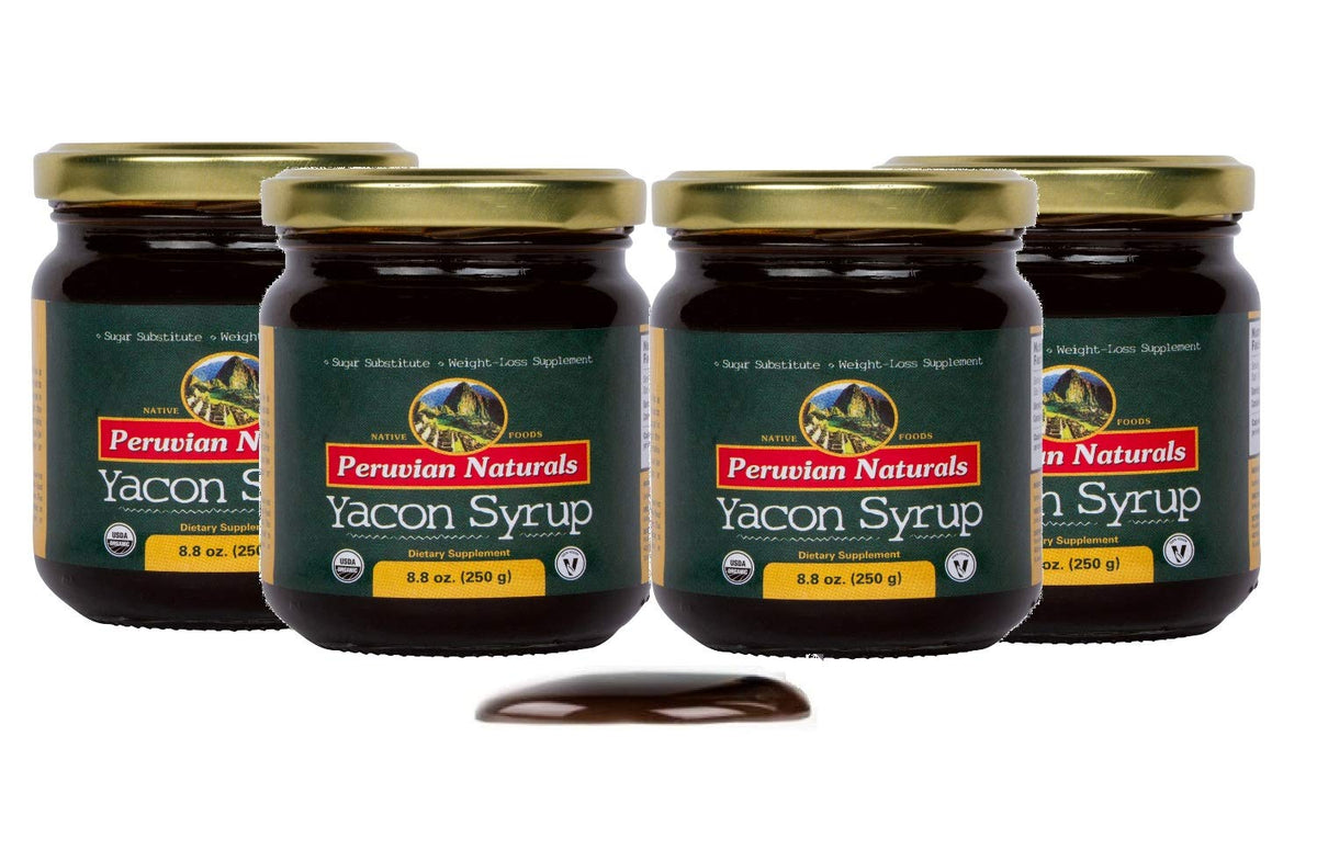 Organic Yacon Syrup 2.2lb (Pack of 4 = 1kg) - Peruvian Naturals - All-Natural Syrup from Yacon Root, Low-Calorie Substitute for Sugar, Agave, Honey, Molasses, Maple & Corn Syrup, etc.