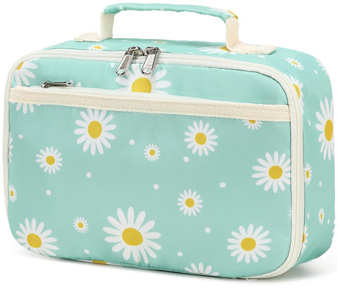 LEDAOU Lunch Bag Kids Insulated Lunch Box Girls Insulated Reusable Lunch Bag for School Picnic Hiking Work(White Daisy Green)