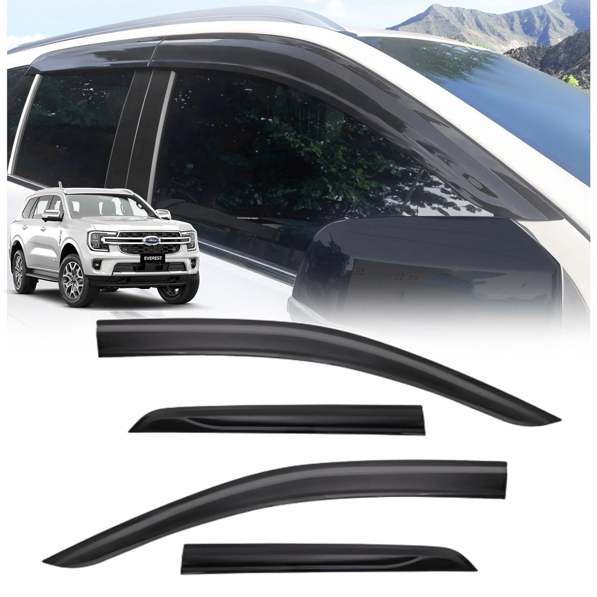JHCHAN Wind-Deflectors for Ford-Everest-Accessories-2024+ New XLT XLS Limited Car Window-Visor Rain-Guard Weather-Shield-Weathershields External Stick-on Fitment Smoke Black PMMA 4PCS