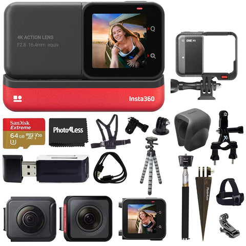 Insta360 ONE RS Twin Edition (360 Camera + 4K Wide Angle) + SanDisk 64GB SD Card + Monopod + Chest Strap + Head Strap + Bike Mount - Top Accessory Bundle