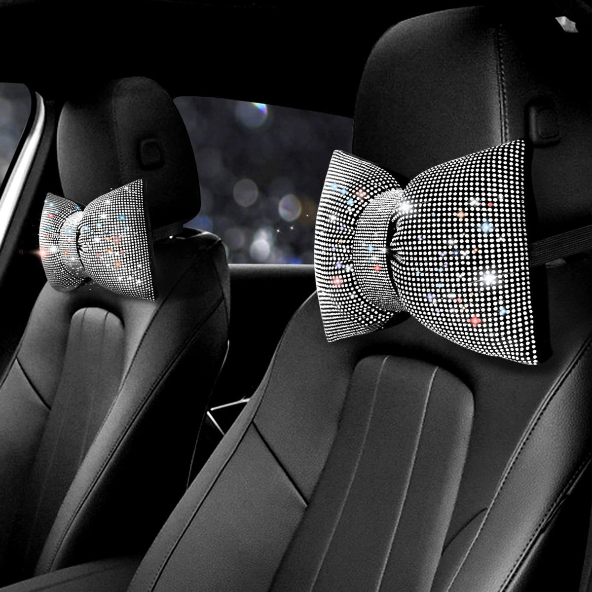 surpassme 2PCS Rhinestone Car Headrest Neck Pillow for Driving with Bling Bling Crystal Bow Pillow Car Accessories for Women (Silver/White)