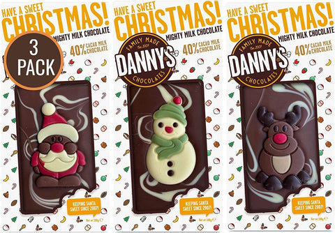 Dannys Christmas Chocolate Gift Box - 3 Large 100g Christmas Chocolate Bars - 1 x Santa, Snowmen, Reindeer - Secret Santa Gifts - Stocking Christmas Eve Box Fillers
