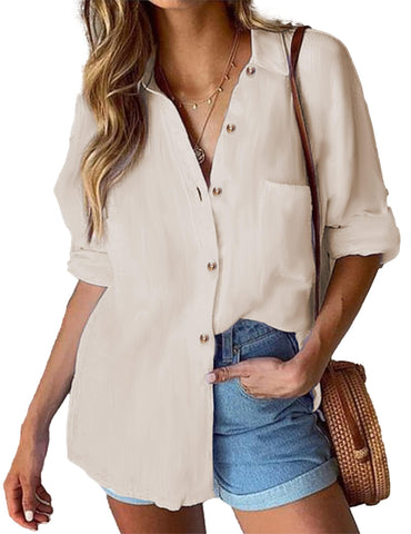 HOTOUCH Women's Shirt Blouse Long Sleeve Made of Cotton Elegant Tops Casual Autumn Shirt Oversize Beige XXL