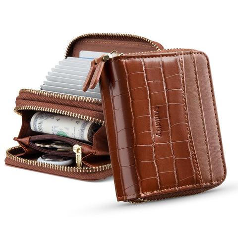 Vulkitty Women Credit Card Holder Wallet Leather Accordion Card Wallet RFID Blocking Small Purse with Zipper Coin Pocket
