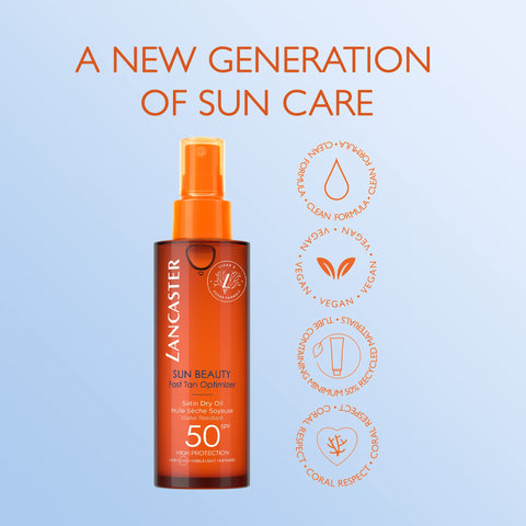 Lancaster Sun Beauty Fast Tan Optimizer Satin Dry Oil SPF50 150ml, Sunscreen For Body, Broad Spectrum Sun Protection