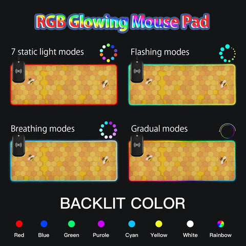 Honey Bee Wireless Charging Mouse Pad for Mobile Phone Extra Large Gaming Mousepad with 13 Lighting Modes Mouse Mat for Gaming MacBook PC Laptop Desk Office Home