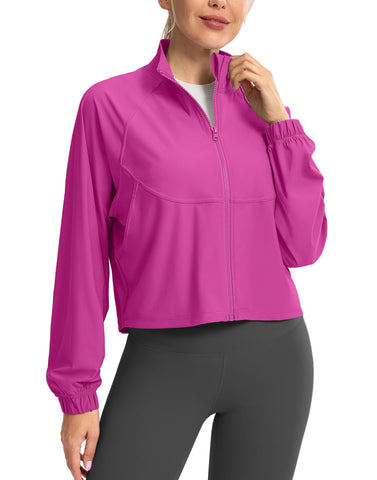 Soothfeel Women's Athletic Workout Jacket Lightweight UPF 50+ Long Sleeve Sun Protection Shirts Zip Up Cropped Sun Jacket Hiking Tops (Sizzling Pink, S)