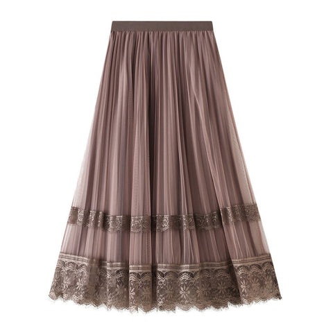 Dirholl Women's Slim A-Line Fairy Elastic Waist Tulle Midi Skirt, Reversible Pleuche Champagne, Medium