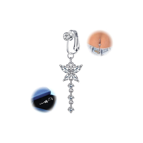 YAODCA Fake Belly Piercing for Women Clip on Belly Button Rings 316L Surgical Steel CZ Butterfly Heart Fake Navel Ring Non Pierced Piercing Jewellery with Gift Box 5