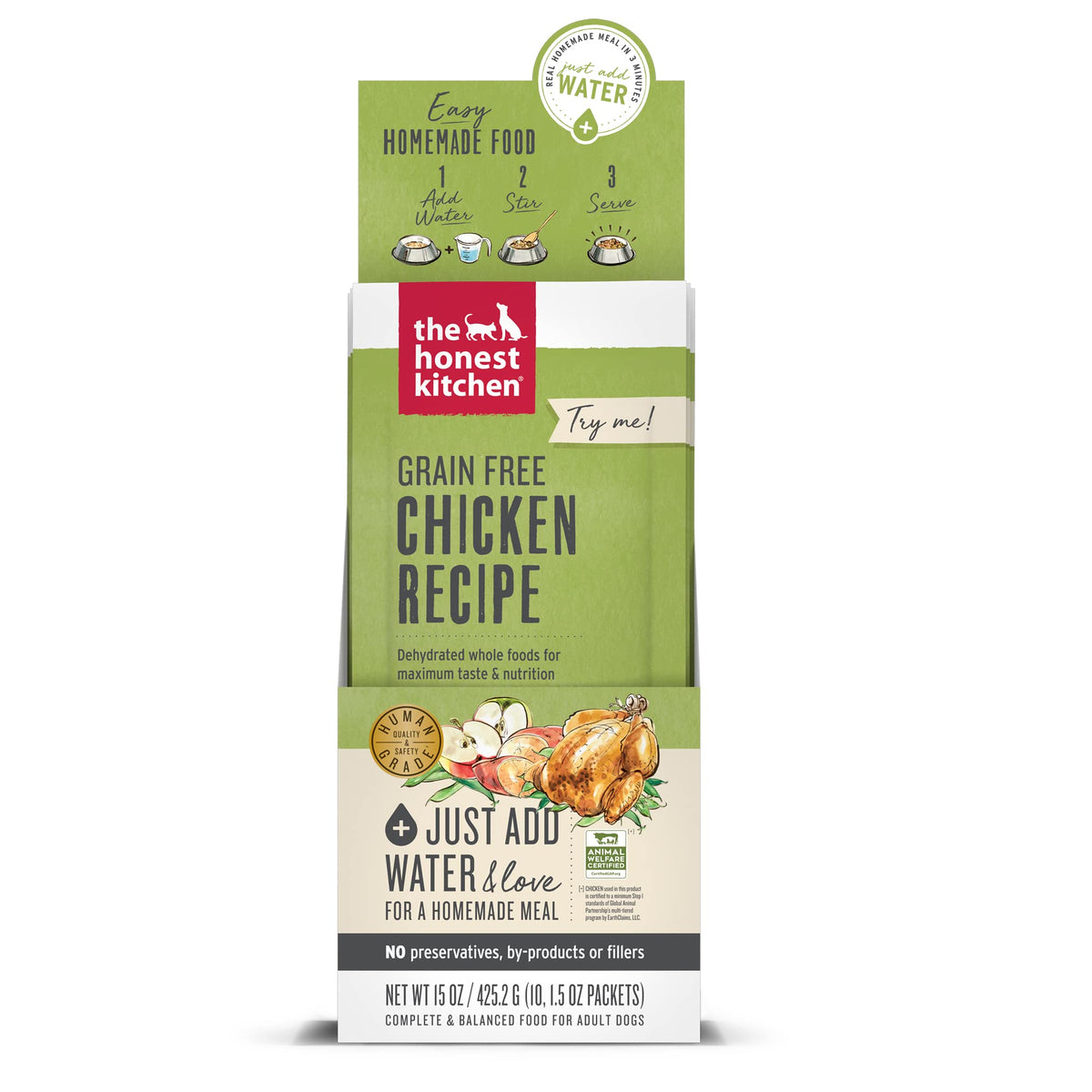 The Honest Kitchen Human Grade Dehydrated Grain Free Dog Food - Complete Meal or Dog Food Topper - Chicken 10-Pack of 1.5 oz Sachets