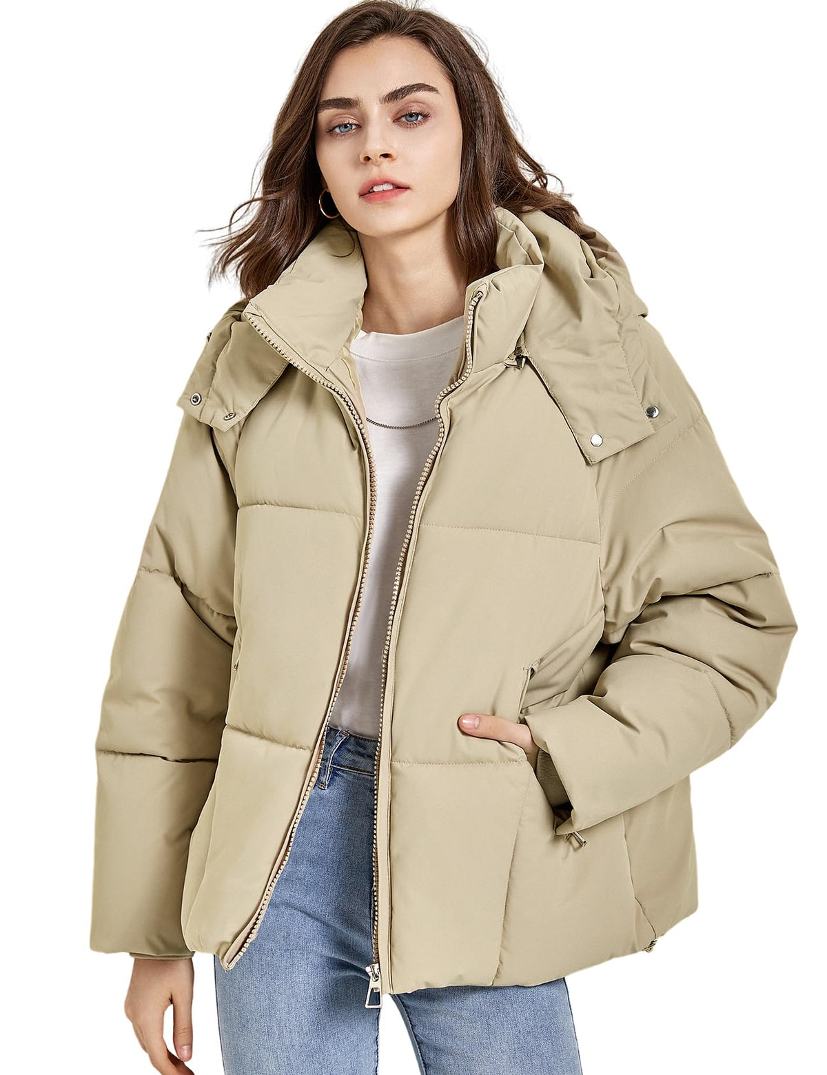 Gihuo Womens Puffer Jacket Full Zip Quilted Hooded Bubble Coats Padded Jacket Long Sleeve Winter Warm Coat Pocket(Khaki-L)