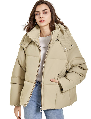 Gihuo Womens Puffer Jacket Full Zip Quilted Hooded Bubble Coats Padded Jacket Long Sleeve Winter Warm Coat Pocket(Khaki-L)