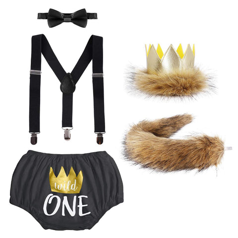 FYMNSI Wild One 1st Birthday Outfit Boy One Year Old Lion Cake Smash Photography Props Baby Halloween Costume Cosplay Tail Crown Suspenders Tirantes Safari Jungle Theme Animal Black
