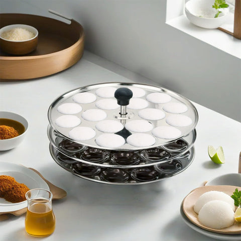 USHA SHRIRAM Stainless Steel Mini Idli Plates (Round Plate - 3) | Removable Idli Plates With Detachable Bakelite Handle With Cool Grip | Mini idli Plates | Podi Idli