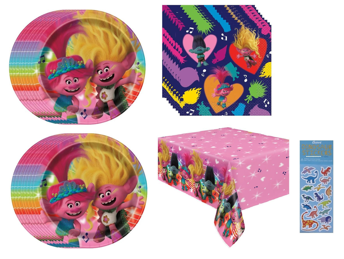 Trolls Birthday Party Supplies Bundle includes 16 Lunch Paper Plates, 16 Lunch Paper Napkins, 1 Plastic Table Cover, 1 Dinosaur Sticker Sheet