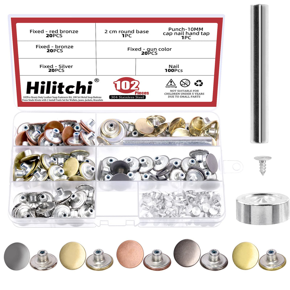 Hilitchi 100 Sets 5 Colors Jeans Buttons Rivets Kit, including Metal Jean Tack Button Cap with Rivets and Install Tool, No Sew Nailess Removable Buttons, Fastener Tack Buttons
