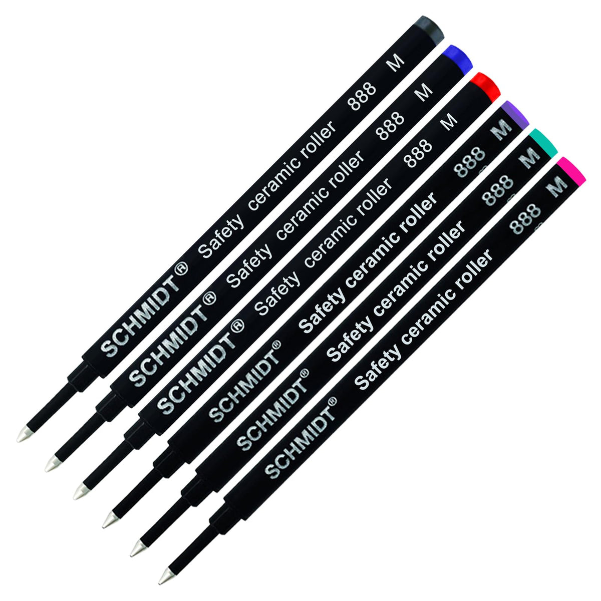 Schmidt 888 M Safety Ceramic Rollerball Refill - Black, Blue, Red, Violet, Turquoise & Magenta Ink (Medium Tip 0.7mm) - Pack of 6