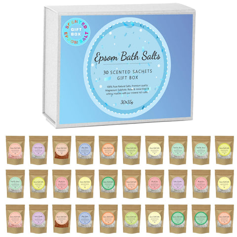 Scented Pure Epsom Salts | Magnesium Sulphate Bath Spa Salt | 30x35G Variety Gift Hamper Box Pack by PSN | Ideal for Relieving Sore Muscles | Reduces Inflammation