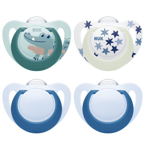 NUK Star Day & Night Baby Dummy 6-18 Months Soothes 99% of Babies BPA-Free Silicone Soothers Glow-in-the-Dark to Find at Night Crocodile 4 Count