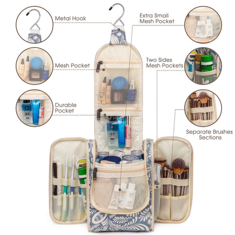 Travel Hanging Toiletry Wash Bag Makeup Cosmetic Organizer for Women (Blue Leaf (Medium))