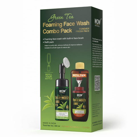 WOW Skin Science Green Tea Foaming Face Wash Combo Pack- Consist of Foaming Face Wash with Built-In Brush & Refill Pack - No Parabens, Sulphate, Silicones & Color - Net Vol. 350mL