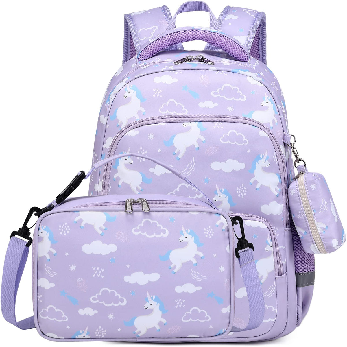 MIRLEWAIY Kids Cute Unicorn Pattern Printed kids School bag Bookbag Backpack Set With Insulated Lunch Bag And Coin Pouch for Girls, Purple Unicorn