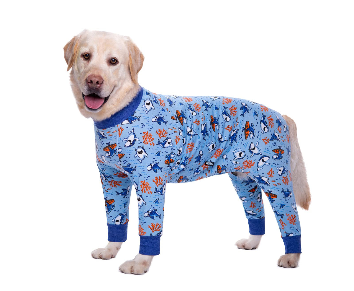 BT Bear Large Dog Clothes, Elastic Pet Onesie Clothes Protect Joints Anti-hair Anti Licking, Wound Protection Pet Pajamas PJS Dog Jumpsuit For Medium Large Dogs(4XL,Blue Shark)
