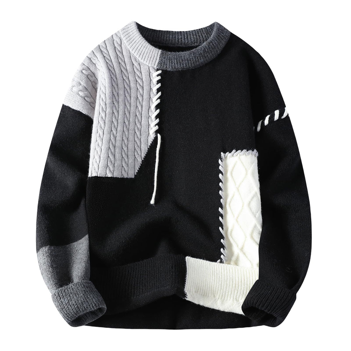 GURUNVANI Patchwork Sweater Mens Colorblock Jumper Cable Knitted Pullover Oversized, Black, Medium