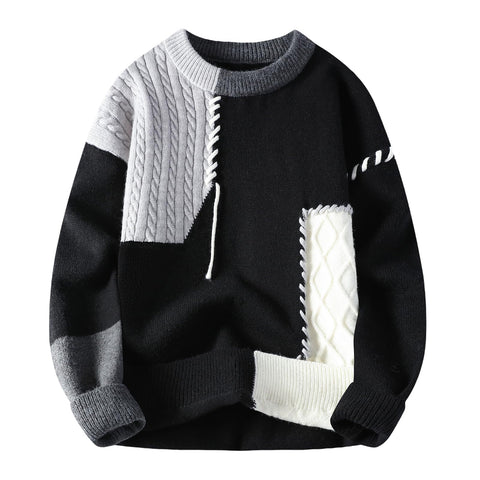 GURUNVANI Patchwork Sweater Mens Colorblock Jumper Cable Knitted Pullover Oversized, Black, Medium