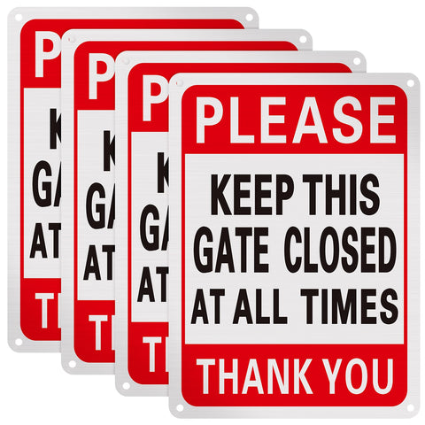Blulu 4 Pcs Please Keep This Gate Closed Sign Metal 10" x 7" Door Closed Signs Reflective Sturdy Rust Aluminum Weatherproof for Indoor Outdoor Use, Easy to Install and Read (Red White Black)