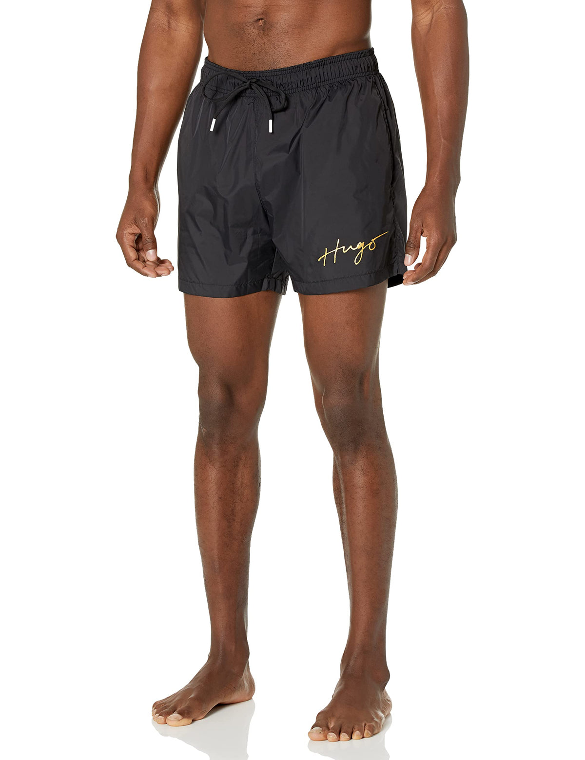 HUGO Mens Script Logo Swim Trunks, Black Soot/Frost White Script, X-Large US