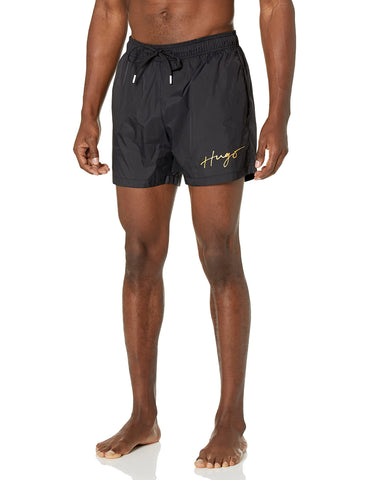 HUGO Mens Script Logo Swim Trunks, Black Soot/Frost White Script, X-Large US