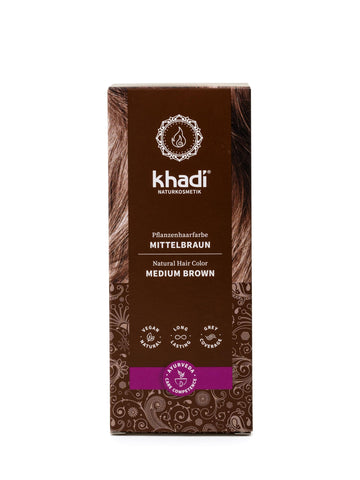 khadi MEDIUM BROWN Natural Hair Color, Conjures up a warm mid-brown colour with silky shine reflections in your hair, Hair dye 100% plant-based, natural & vegan, Certified natural cosmetics, 100g