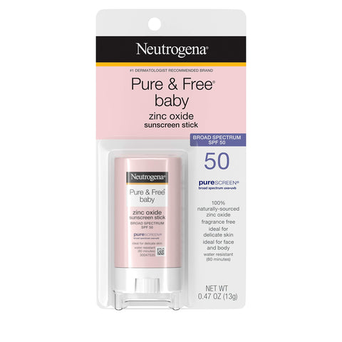 Neutrogena Pure & Free Baby Mineral Sunscreen Stick with Broad Spectrum SPF 50 & Zinc Oxide, Water-Resistant, Hypoallergenic, Paraben-, Dye- & PABA-Free Baby Face & Body Sunscreen, 0.47 oz