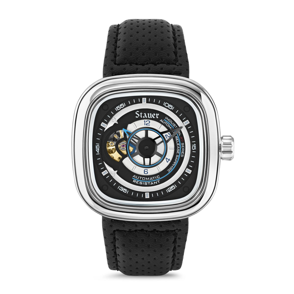Stauer Square Skeleton Automatic Watch for Men - 44mm Silver Cushion Case, Black Open Heart Dial, 21-Jewel Mechanical Movement, Leather Strap, Stainless Steel Case with Black Skeleton Dial